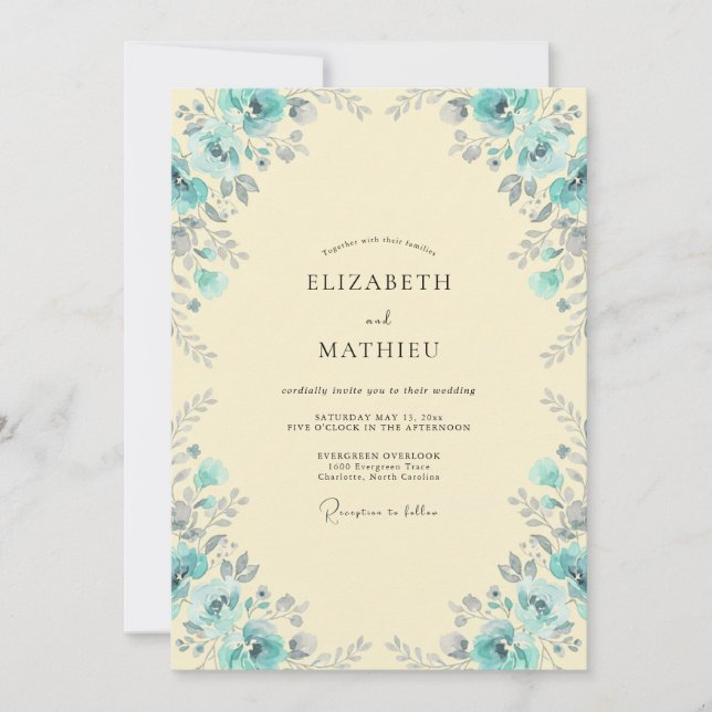 Convite Casamento de Folhagem Eucalipto Aqua Creme (Frente)