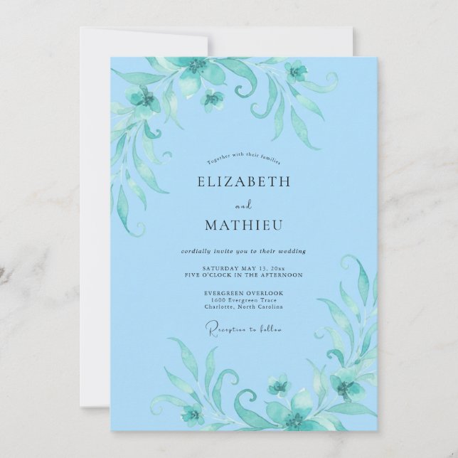 Convite Casamento de Folhagem Eucalipto Sky Aqua (Frente)