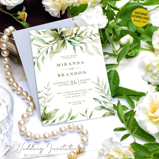 Convite Casamento de Folhagem Eucalyptus Modern Watercolor (Criador carregado)