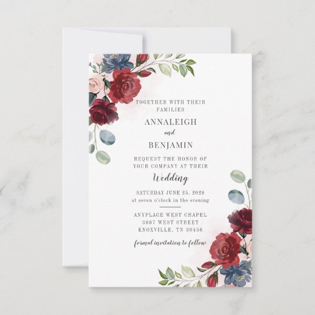 Convite Casamento de Folhagem Floral Burgundy Watercolor (Frente)