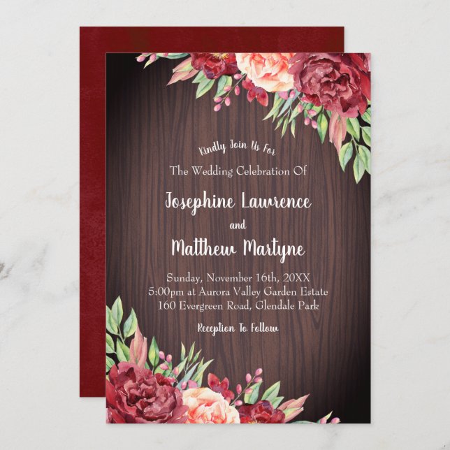 Convite Casamento de Folhagem Floral Rustic Burgundy Water (Frente/Verso)