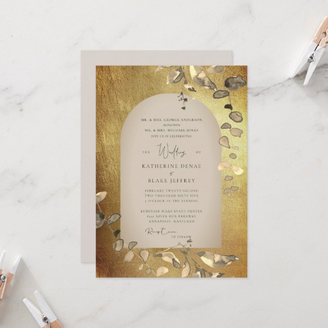 Convite Casamento de Folhagem Geométrica Dourada e bege Me (Frente/Verso In Situ)