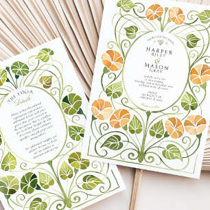 Convite Casamento de folhagem laranja Art Nouveau