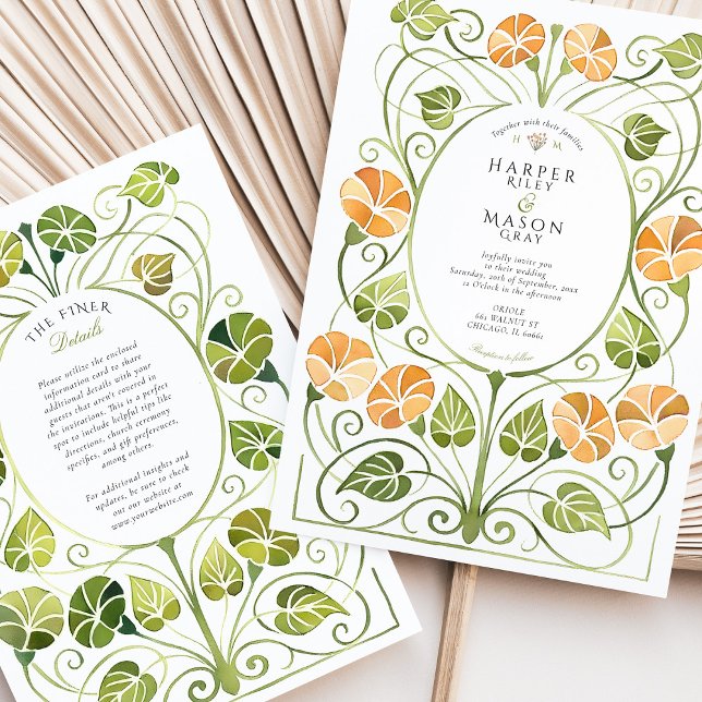 Convite Casamento de folhagem laranja Art Nouveau (Criador carregado)