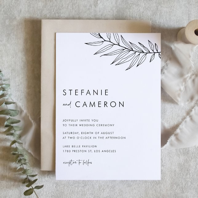 Convite Casamento de Folhagem Minimalista Moderna Negra (Black Modern Minimalist Foliage Wedding Invitation)