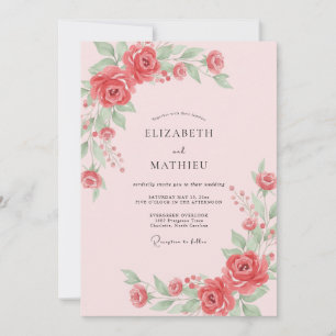 Convite Casamento de Folhagem Pintada em Coral Empoeirado