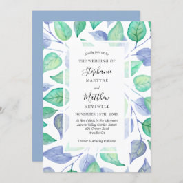 Convite Casamento de Folhagem Pintada por Cor Azul Dusty