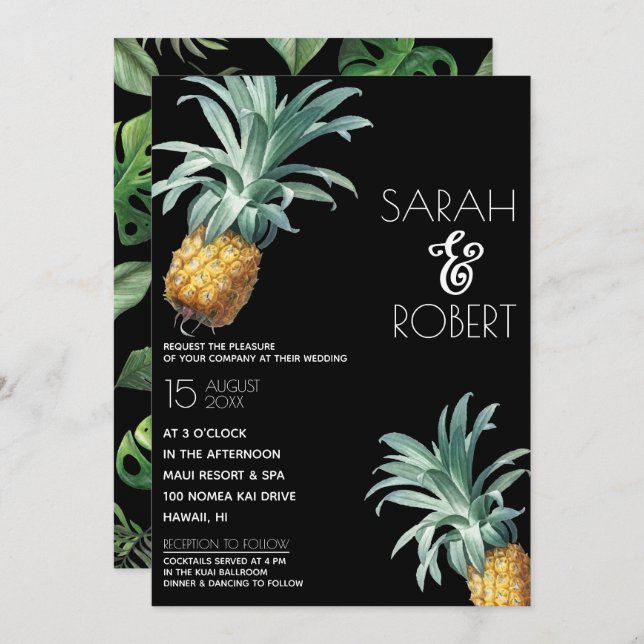 Convite Casamento de Folhagem Tropical de Pineapple Deligh (Frente/Verso)