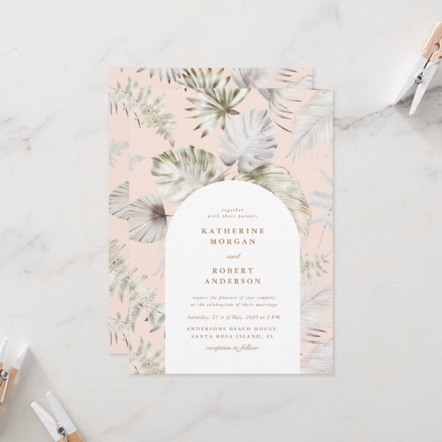 Convite Casamento de Folhagem Tropical de Silver Luxurioso (Frente/Verso In Situ)