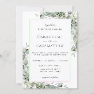 Convite Casamento de Folhagem Verde Chic Greenery Dourado