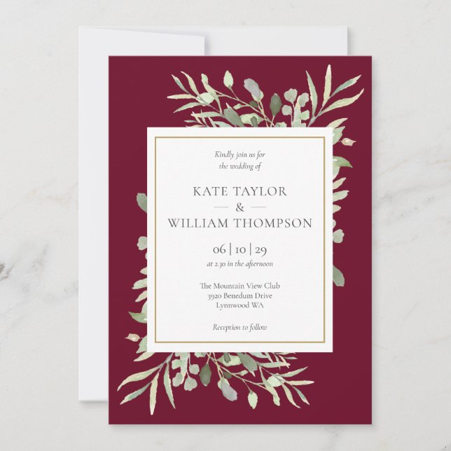 Convite Casamento de folhagem verde com água Burgundy (Frente)