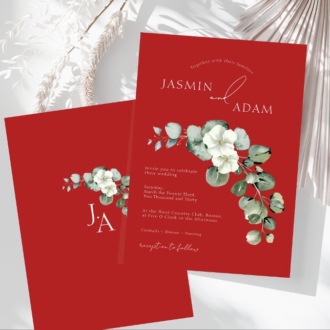 Convite Casamento de folhagem verde de eucalipto vermelho  (Crimson Red Eucalyptus Greenery Foliage Wedding Invitation)