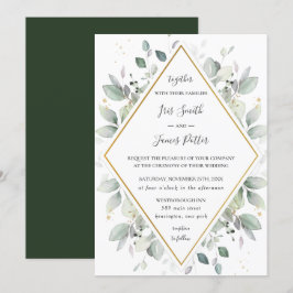 Convite Casamento de Folhagem Verde Dourada com Greenery R