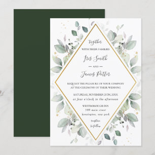 Convite Casamento de Folhagem Verde Dourada com Greenery R