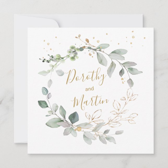 Convite Casamento de folhagem verde e dourada (Frente)