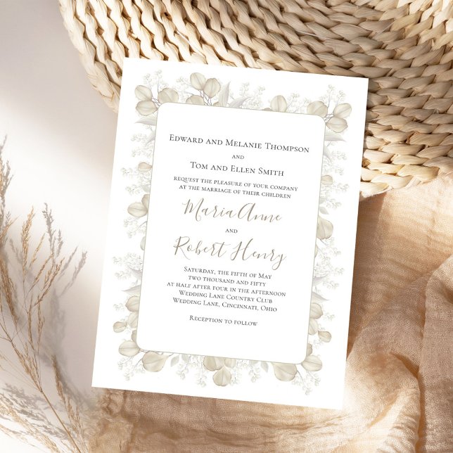 Convite Casamento de Folhagem Verde Elegante (Simple and elegant sage green and cream foliage wedding invitation.)