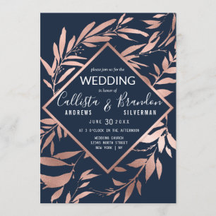 Convite Casamento de Folhas Azuis de Marinho Dourada Elega