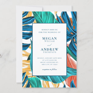 Convite Casamento de folhas azuis tropicais
