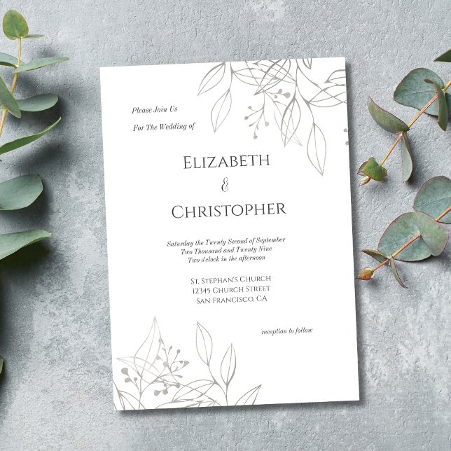 Convite Casamento de Folhas Botânicas em Cinza Prata Minim (Silver Gray leaves botanical floral elegant Wedding invitation. Printed or Digital instant download)