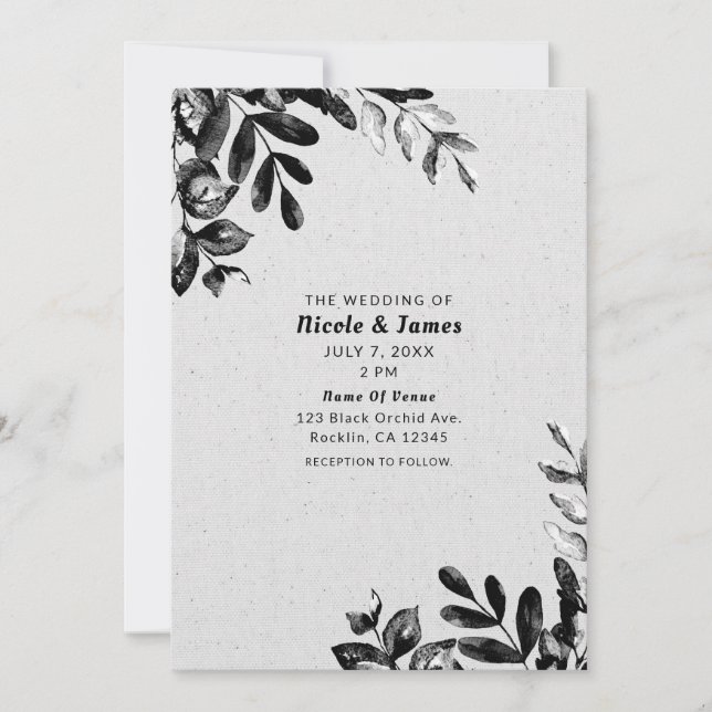 Convite Casamento de Folhas Botânicas Preto + Branco Vinta (Frente)