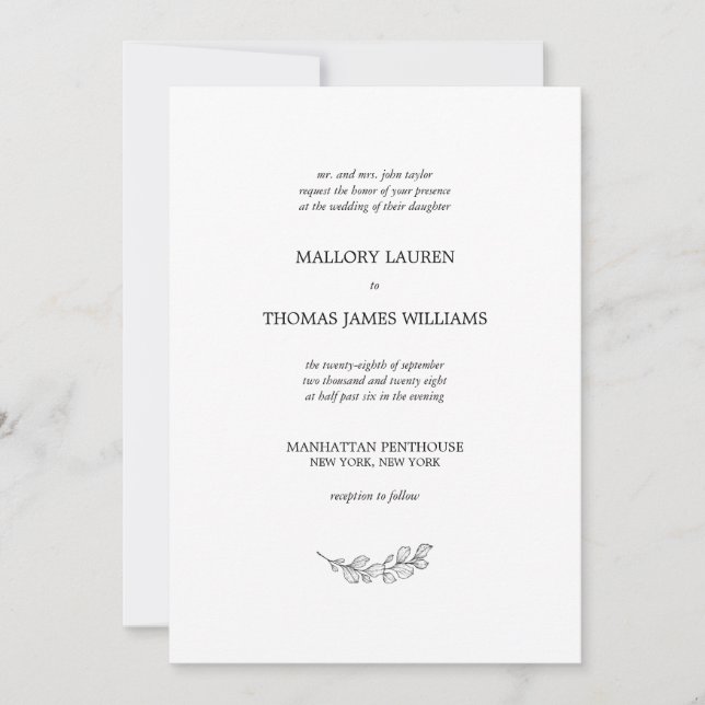 Convite Casamento de Folhas Botânicas Simples e Elegantes  (Frente)