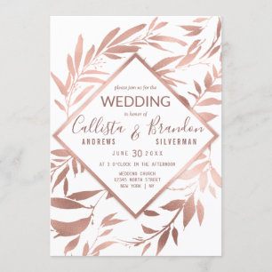 Convite Casamento de Folhas Brancas Rosas Elegante