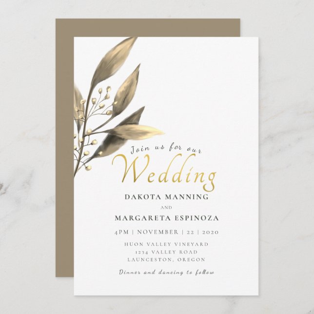 Convite Casamento de folhas castanhas com script de ouro r (Frente/Verso)