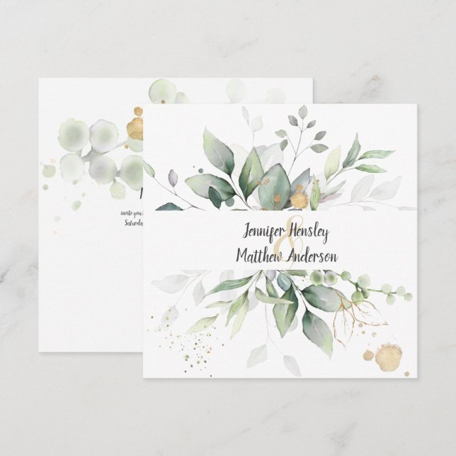 Convite Casamento de Folhas com Moldura Dourada Meadow Gre (Frente/Verso)