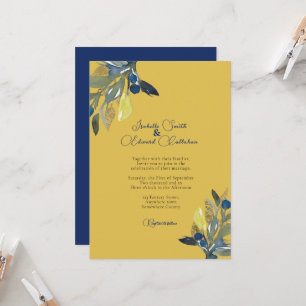 Convite Casamento de Folhas de Aquarela Azul-Marinho e Dou