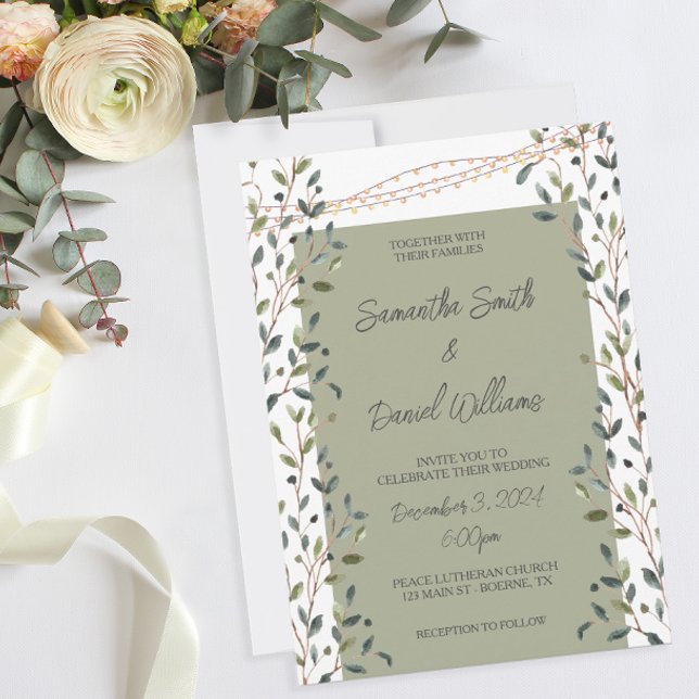 Convite Casamento de Folhas de Aquarela e Verdura (A botanical themed wedding invitation in moss green.)