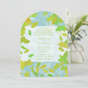 Convite Casamento de Folhas de Árvore Ginkgo Douradas e Ve