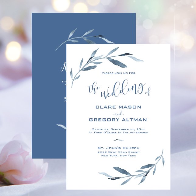 Convite Casamento de Folhas de Azul e Branco (Blue and White Watercolor Leaves Wedding Invitation)