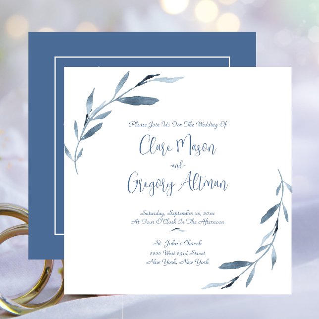Convite Casamento de Folhas de Azul e Branco (Blue Dawn, Watercolor Leaves Wedding Invitation)