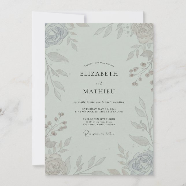 Convite Casamento de Folhas de Celadon Prateado (Frente)