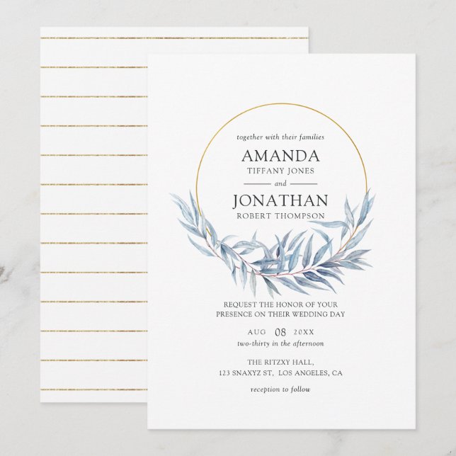 Convite Casamento de Folhas de Eucalipto Geométricas Azul  (Frente/Verso)