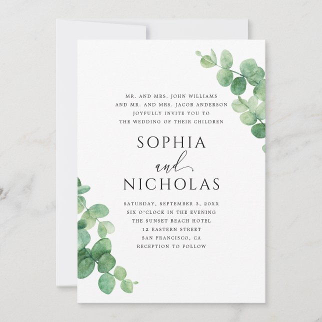 Convite Casamento de Folhas de Eucalipto. Jardim de Verdur (Frente)