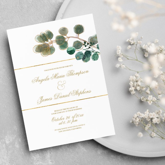 Convite Casamento de folhas de eucalipto verde-hortelã-dou (White gold mint green eucalyptus leaves wedding)