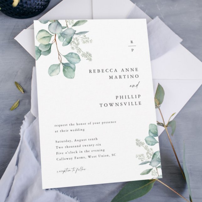 Convite Casamento de Folhas de Eucalipto Verde Moderno (A modern watercolor eucalyptus wedding invitation with couples monogram and hand-painted greenery.)