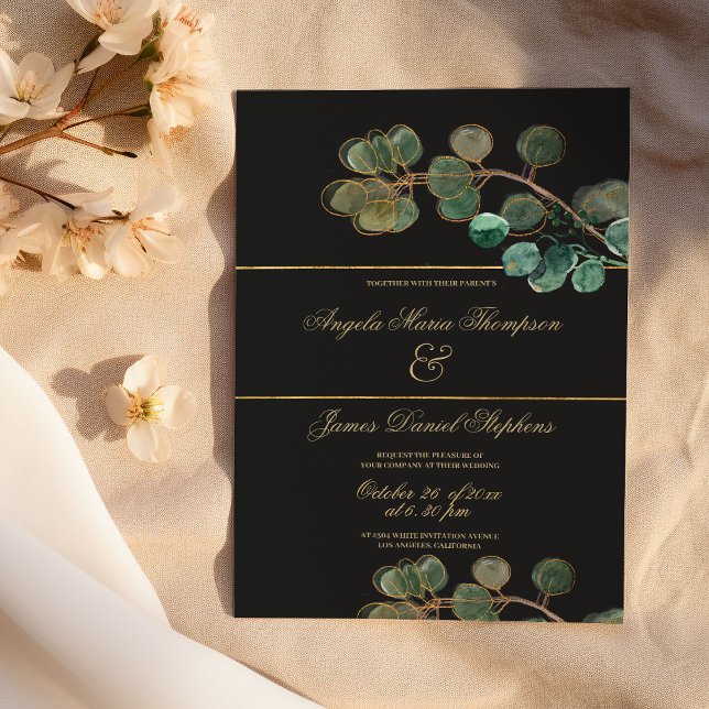 Convite Casamento de folhas de eucalipto verde ouro negro  (Elegant black gold green eucalyptus leaves wedding)