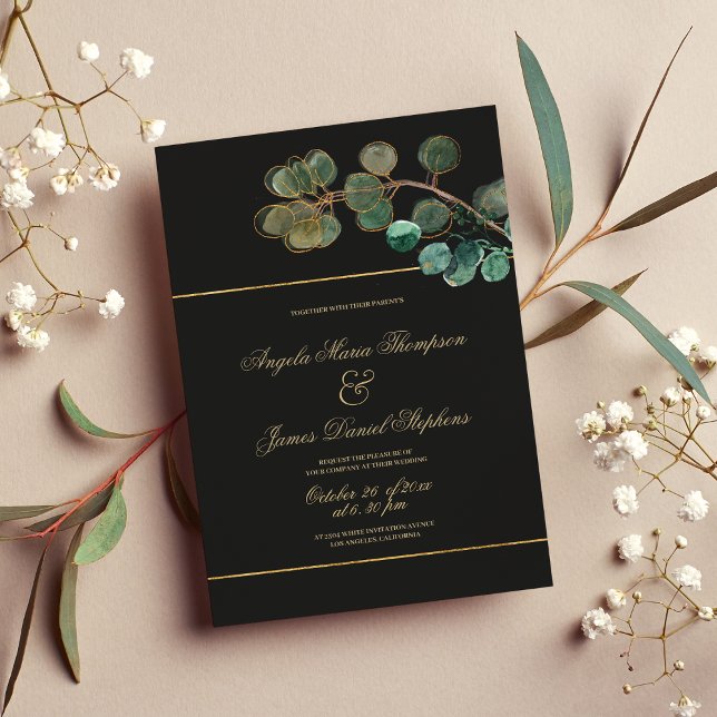 Convite Casamento de folhas de eucalipto verde ouro preto  (Luxury black gold green eucalyptus leaves wedding)