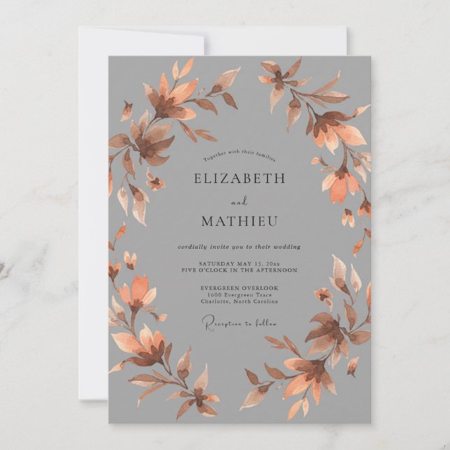 Convite Casamento de Folhas de Folha de Cobre Slate (Frente)