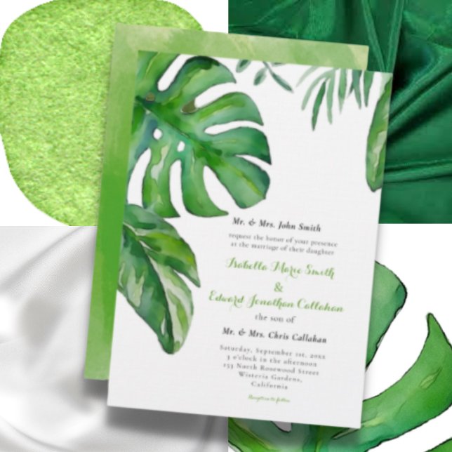 Convite Casamento de Folhas de Monstera em Aquarela Verde  (Criador carregado)