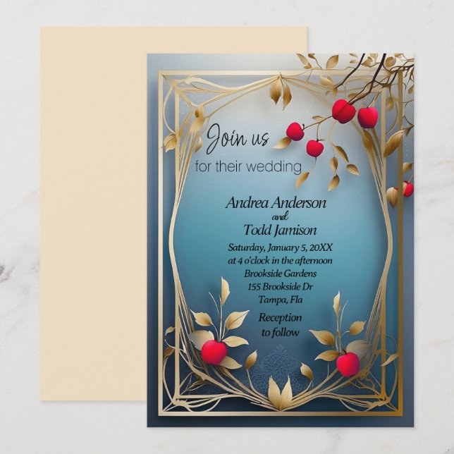 Convite Casamento de folhas de ouro de maçãs vermelhas (Frente/Verso)