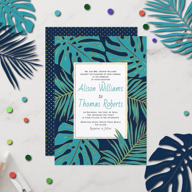 Convite Casamento de folhas de palma de monstera tropical  (Criador carregado)