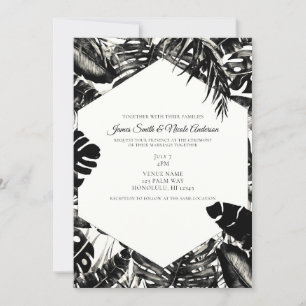 Convite Casamento de Folhas de Palmeira Tropicais Preto e