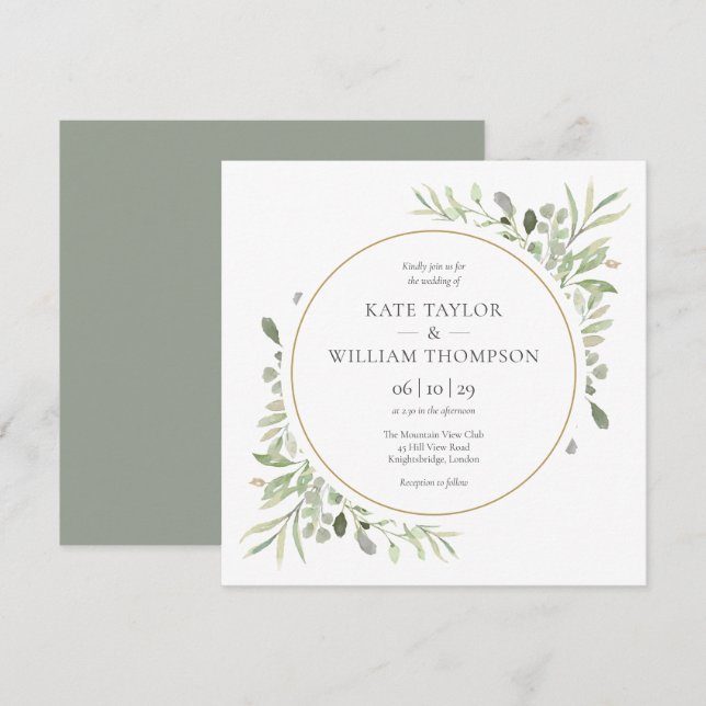 Convite Casamento de Folhas de Vegetação Elegante (Frente/Verso)