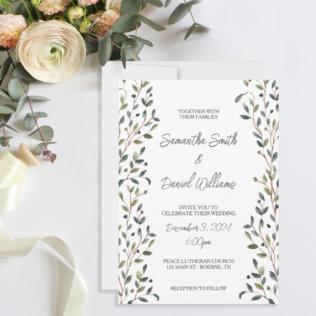Convite Casamento de Folhas de Verde Água (A simple but pretty botanical themed wedding invitation.)