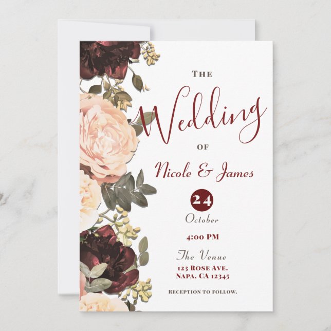 Convite Casamento de Folhas de Verde com Flores Rosa e Mar (Frente)