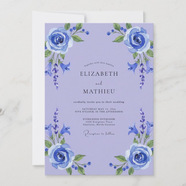 Convite Casamento de Folhas de Vinca Azul e Centáurea (Frente)