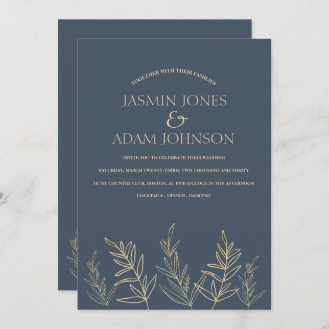 Convite Casamento de Folhas Douradas de Opulência Azul Rea (Frente/Verso)